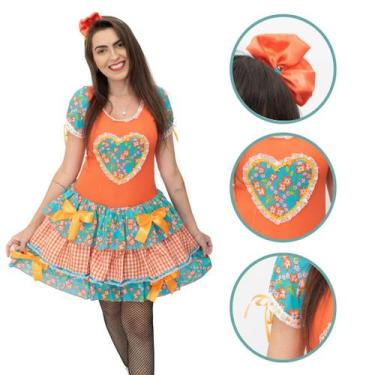 Imagem de Vestido Caipira Junino Adulto Feminino Abobora e Azul São João 0080A -