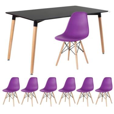 Imagem de Kit - Mesa Retangular Eames 80 X 140 Cm Preto + 6 Cadeiras Dsw Roxo Mesa Preto Com Cadeiras Roxo