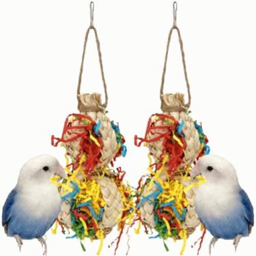 Imagem de Bolas de brinquedo de poleiro de forrageamento para desfiar pássaros, papel enrugado colorido para pendurar bico triturador de casca de milho brinquedo de mastigar com sino satisfaz puxar e prender