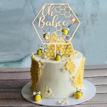 Imagem de Oh Babee Cake Topper - Bee Themed Wooden Oh Baby Cake Topper, Bee Baby Shower Cake Topper for Gender Reveal Party/Baby Booth Props Party Photo Decorations
