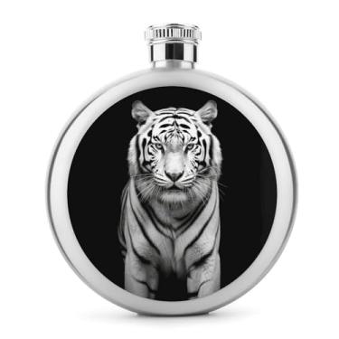 Imagem de Cantil de aço inoxidável, preto e branco com impressão de tigre cantil garrafa de viagem portátil garrafa de licor portátil cantil de metal