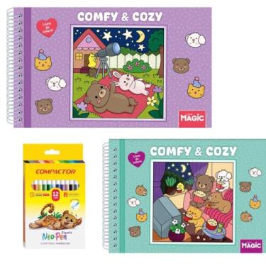 Imagem de Kit de Colorir Com 2 Livros Capa Dura, Folha De Acetato .Acompanha 12 Canetinhas coloridas.