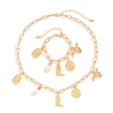 Imagem de Conjunto de pulseiras de colar ocidental, caubói, cowgirl, delicado, Texas botas, chapéus, cavalo, moeda martelada, pérola, clipe de papel, conjunto de joias para mulheres e homens, boêmio, country