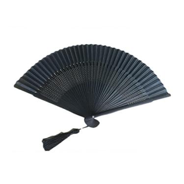 Imagem de ZZTWER Ventiladores de mão dobráveis estilo chinês leque de renda todo de bambu, preto, pequeno, antigo, portátil e dobrável para mulheres no verão. Fãs chineses