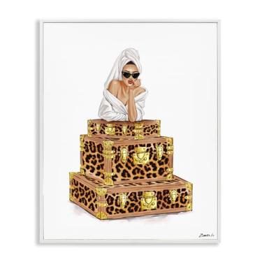 Imagem de Stupell Industries Roupão de banho feminino e malas branco emoldurado giclée arte design por Ziwei Li, 20 x 16