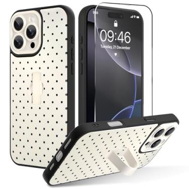 Imagem de OOK Capa para iPhone 16 Pro Max com protetor de tela, linda capa de telefone de bolinhas com alça de dedo ajustável, proteção total para mulheres e meninas - branca
