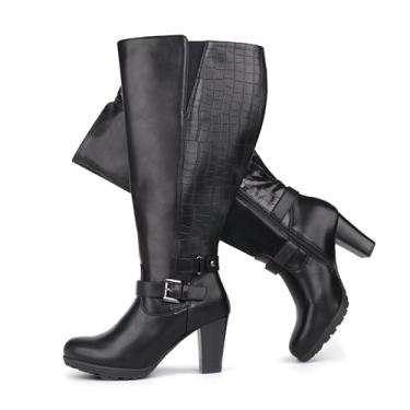 Imagem de Chicblooms Botas femininas plus size extra largas de salto alto com fivela no tornozelo, Preto - PU, 35