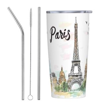 Imagem de Qceqkul Copo da Torre Eiffel de Paris com tampa e canudo 590 ml Copo de aço inoxidável isolado Caneca de café para escritório em casa ou carro, presentes de aniversário de Natal