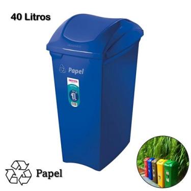 Imagem de Lixeira 40 Litros Seletiva Azul Para Papel Cesto De Lixo Tampa Bascula