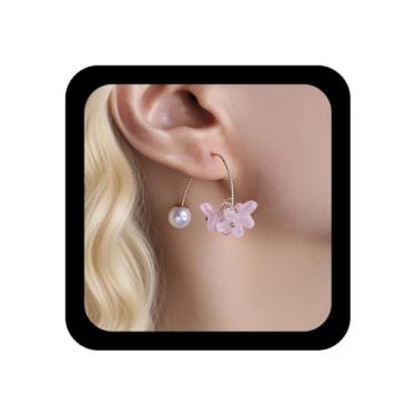 Imagem de TseanYi Brincos vintage de flor azul e pérola com pingente de flor azul borla azul brinco floral de resina pétala de lírio brinco de declaração joia para mulheres, Zinco, Sem pedra preciosa