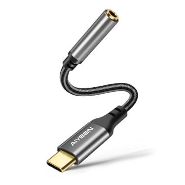 Imagem de AIYEEN Cabo adaptador de áudio USB C para 3,5 mm, chip DAC, nylon trançado tipo-C para conversor estéreo auxiliar com conector banhado a ouro, som de alta resolução, 13 cm – cinza