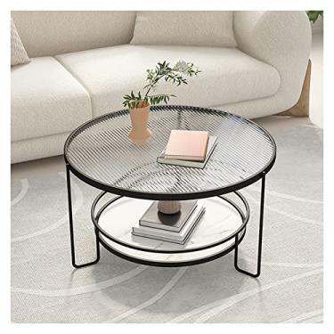 Imagem de Mesa de centro moderna redonda de vidro temperado, mesa de chá de 2 camadas com prateleira de armazenamento para sala de estar, varanda, mesa de escritório, mesa lateral com moldura de metal