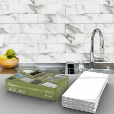 Imagem de URCOLOR Azulejo de parede com 32 peças, azulejo de parede de 10 cm x 20 cm PVC brilhante cinza branco em azulejos de metrô para cozinha, banheiro, lavanderia, campista, lareira