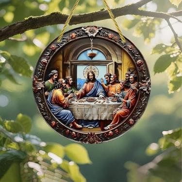 Imagem de Acrílico colorido Suncatcher, decoração redonda da última ceia, 17,78 cm, decoração de parede de janela suspensa com design de vitral impresso, ideia de presente e ornamento de jardim, uso interno e