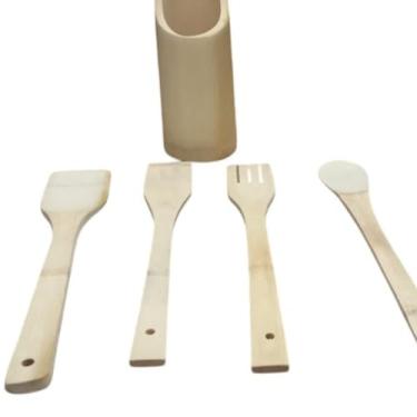 Imagem de Kit Utensílios de Cozinha em Bambu, 5 Peças com Suporte, Colheres, Espátula e Garfo, 28-30cm, Organizador de 16cm