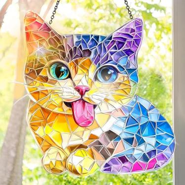 Imagem de Apanhador solar de acrílico colorido, decoração de janela suspensa de gato com design de vitral impresso, apanhador de sol, arte de parede de arco-íris, ideia de presente e ornamento de jardim para