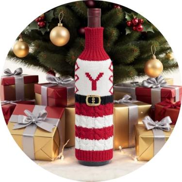 Imagem de Suéter de Natal para garrafa de vinho com letra A – Z, garrafas de manga de malha, decoração de mesa, reutilizável, roupa de garrafa estilo Papai Noel