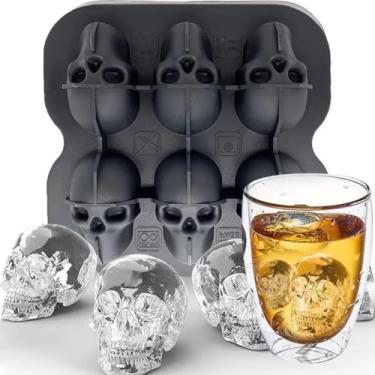 Imagem de Molde de gelo de silicone de caveira com 6 compartimentos, bandeja de congelador de silicone 3D, molde de cubo de uísque, crânio, adequado para festa de Natal, coquetéis, champanhe e bebidas