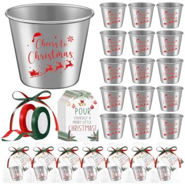 Imagem de Roshtia 15 conjuntos de copos de dose de aço inoxidável de 42,5 g com etiqueta de Natal, cartões de celofane, sacos de guloseimas de Natal para amigos, funcionários