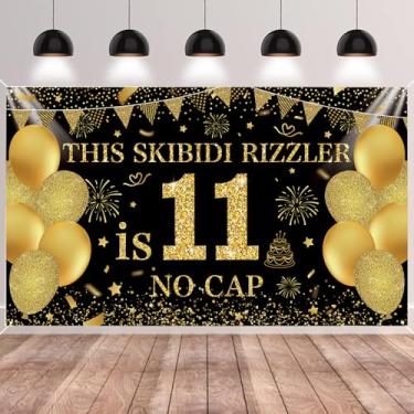 Imagem de SMENGGIL Black Gold This Skibidi Rizzler is 11 No Cap Happy Birthday Pano de Fundo Banner Fotografia Decorações de Fundo para Meninos Meninas 11º Ano Aniversário Acessórios Suprimentos 185 x 110 cm