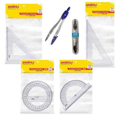Imagem de Kit 5 peças Transferidor Esquadro Compasso Escolar Geometria - Waleu