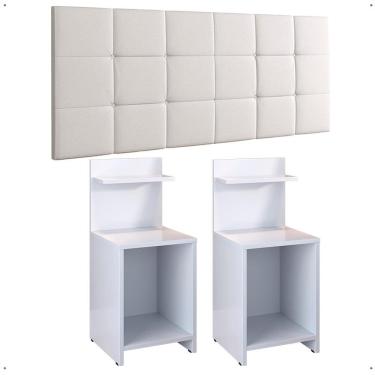 Imagem de Kit 2 Mesas Cabeceira Fantasy Branco Prateleira Organizadora Painel Suspenso Bia Estofado Cama Box Casal 1,40 Corino - Lojas RPM