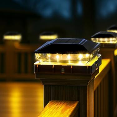 Imagem de KEILAIMO Luzes solares com tampa de poste de cerca à prova d'água, luzes solares para postes de madeira/vinil, 4 x 4/5 x 5, luz branca quente para varanda de pátio de jardim, preto escuro, pacote com