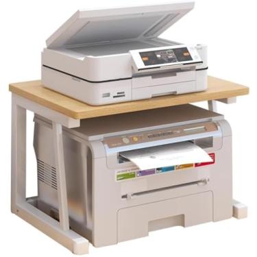 Imagem de HYUIO Suporte de impressora, prateleira de madeira para mesa com moldura de metal, rack de armazenamento multifuncional para impressora, scanner, fax, micro-ondas (madeira, 48 x 30 x 27 cm)