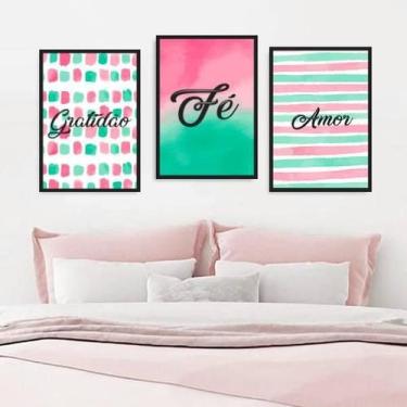 Imagem de Kit 03 Quadros Decorativos Gratidão Amor Fé Rosa Verde - Quadros On-Li