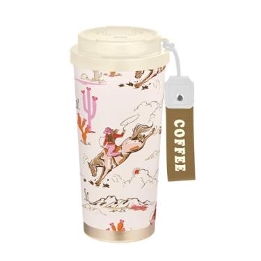 Imagem de SEHANY Caneca de viagem vintage caubói ocidental 482 g xícaras de café reutilizáveis revestidas de cerâmica com tampa à prova de vazamento, parede dupla, isolamento a vácuo, copo de café de aço