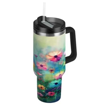 Imagem de ATTX Copo de pintura de flores coloridas de 1,134 g com alça, copo de aço inoxidável a vácuo de parede dupla com palha, caneca de café de viagem isolada #236