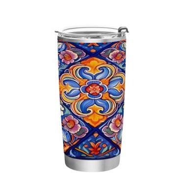 Imagem de Blueangle Copo de 590 ml com tampa e canudo, copo de café com água isolada a vácuo de aço inoxidável, caneca térmica de cerâmica mexicana para bebidas quentes e frias (134)
