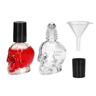 Imagem de 4 frascos roláveis de vidro de caveira de 8 ml com funil de plástico – Perfume recarregável exclusivo em forma de crânio e frasco de rolo de óleo essencial, recipiente de vidro reutilizável portátil