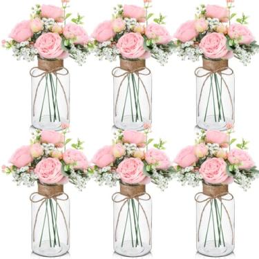 Imagem de Zeyune 6 conjuntos de vasos de vidro vintage com peônia artificial, buquês de flores, centro de mesa, decoração de casa de fazenda para casamento, arranjos florais, festas, decoração de mesa de casa