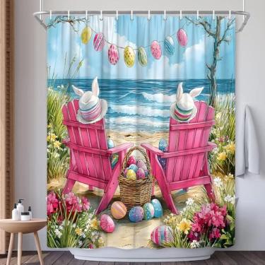 Imagem de EUBTPA Cortina de chuveiro de Páscoa, praia, oceano, tropical à beira-mar, ovos de Páscoa, cadeira rosa, chapéu de coelho, decoração floral, cortinas de tecido de poliéster 177 x 187 cm
