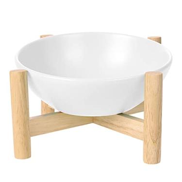 Imagem de Nova Tigela de Cerâmica para Pets com Aro Madeira Sólida Design Inclinado Proteção da Coluna Cervical Redonda Cães e Gatos Prática Alimentação Diária