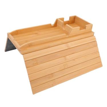 Imagem de POCREATION Mesa de Apoio para Sofá, Mesa de Braço de Sofá Com Porta-copos Desmontável, Mesa Lateral de Sofá Dobrável 2 Em 1 para Bebidas, Celular, Controle Remoto e Lanches (Cor Madeira)