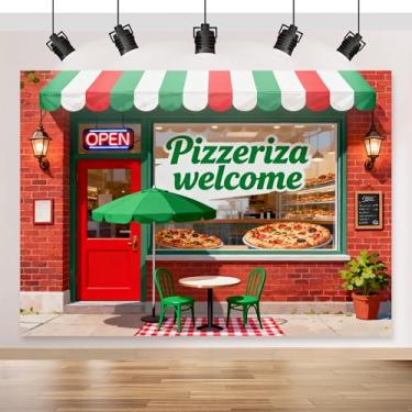 Imagem de Pano de fundo para loja de pizza, 2,8 x 1,5 m, tema de culinária, vintage, pizzaria, decoração de festa de pizza, chá de bebê, festa de aniversário para meninos e meninas, adereços para sessão de