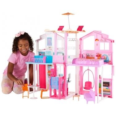 Imagem de Casa de Bonecas com 19 Acessórios e Guarda Chuva Pop UP para Crianças a partir de 3 anos, BARBIE DLY32, Rosa