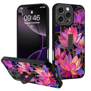 Imagem de Fiyart Capa projetada para iPhone 16 Pro Max, linda estética roxa flor de lótus, estampa floral, alça de dedo integrada para mulheres e meninas, TPU rígido PC à prova de choque 3D Gilding Bumper 17.5