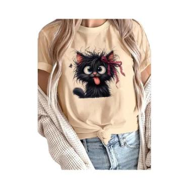 Imagem de Camiseta Feminina Divertida Com Estampa De Gato Frito E Laço Borboleta
