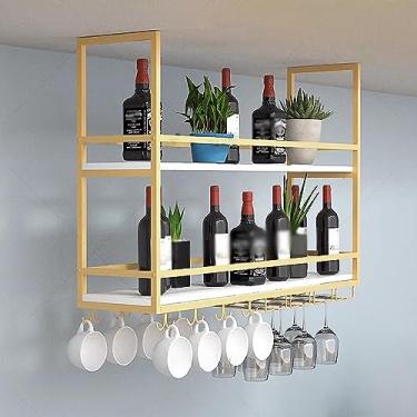 Imagem de Prateleira de montagem no teto, rack de vinho suspenso com suporte de vidro e guarda-chuva, suporte de garrafa de vinho de madeira de 2 camadas, rack organizador para bar café cozinha (cor: ouro