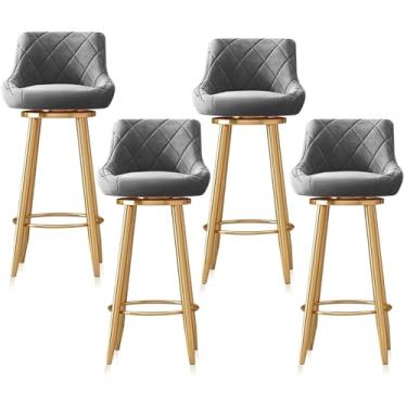 Imagem de Bancos de bar estofados giratórios modernos conjunto de 4, banquetas de bar douradas com encosto, cadeiras ilha com apoio para os pés dourado cadeiras de barra de veludo, cinza, 65 cm