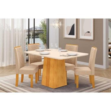 Imagem de Conjunto: Mesa Sala Jantar Italia c/ Tampo Madeirado c/ Vidro 120x90cm e 4 Cadeiras Zoe Freijo/Off White - Suede Creme - DJ Móveis
