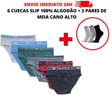 Imagem de Cueca Adulto Kit 6 Cuecas Normal Slip 100% Algodao + 3 Pares De Meias 