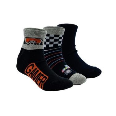 Imagem de Kit meia juvenil cano curto 3 pares hoahi preto estampada nf, 28/33, P