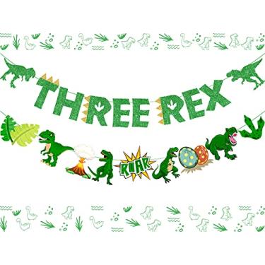 Imagem de Banner de 3º aniversário de dinossauro, decorações de festa de aniversário de três Rex, faixa verde brilhante três Rex e guirlanda com tema de dinossauro, suprimentos de festa de 3º aniversário para