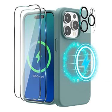 Imagem de SURPHY (Capa 4 em 1 projetada para iPhone 14 Pro compatível com MagSafe (6,1 polegadas, 2022), com 2 unidades de protetor de tela + capa de câmera, capa de telefone de silicone líquido (verde cacto)