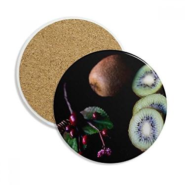 Imagem de Caneca para porta-copos com imagem de kiwi e cereja Fresh Fruits Pedra absorvente de proteção de mesa