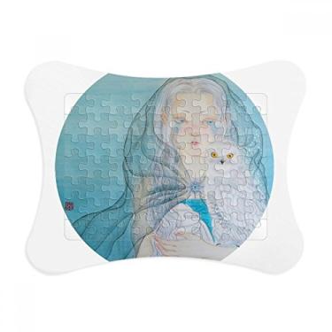 Imagem de Moldura azul branca coruja menina estilo chinês aquarela enigma decoração de imagem quebra-cabeça ornamento